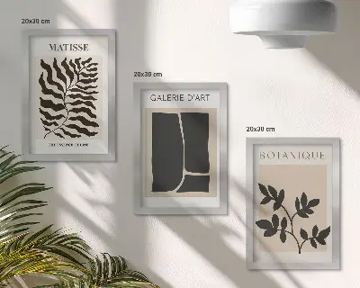 Billedvæg med minimalistiske plakater af plantemønstre og abstrakte motiver