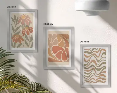 Billeder og rammer med pastelblomster og abstrakte mønstre