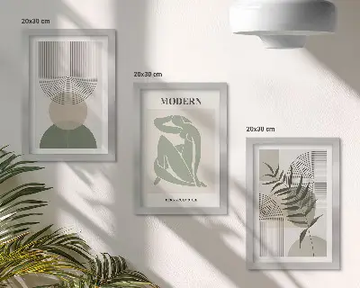 Billedvæg med stilfuld grafik af abstrakte former og planter