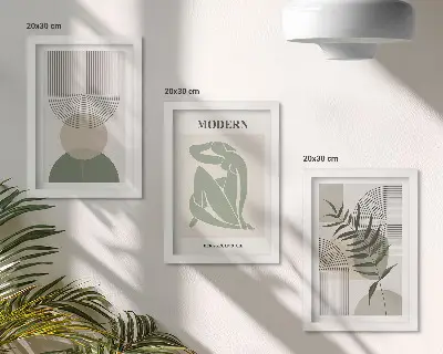 Billedvæg med stilfuld grafik af abstrakte former og planter