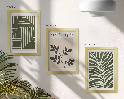 Billedvæg med botaniske kompositioner i boho-minimalistisk stil