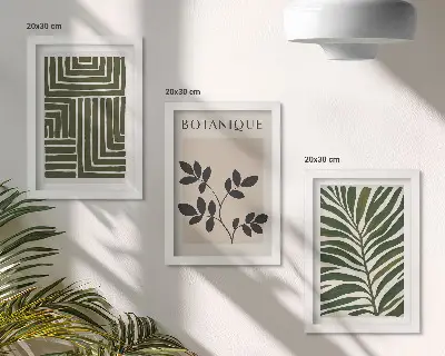 Billedvæg med botaniske kompositioner i boho-minimalistisk stil