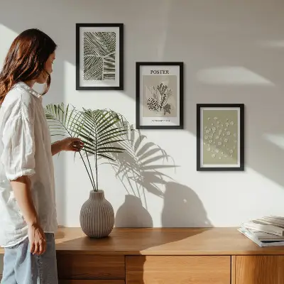 Moderne billedsæt med plantemotiver i afdæmpede farver og mønstre