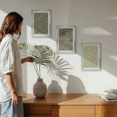 Billedvæg med bølgede og abstrakte mønstre samt bohemeblomster
