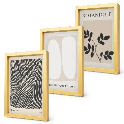 Billedvæg med blomstermønstre og minimalistiske linjer i neutrale farver