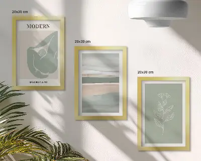Billedvæg med abstrakte former i pastelfarver og planter