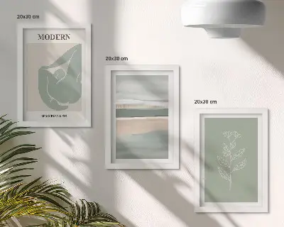 Billedvæg med abstrakte former i pastelfarver og planter
