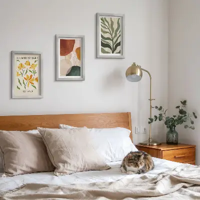 Billedvæg med blomstermotiver og abstrakte former samt blade