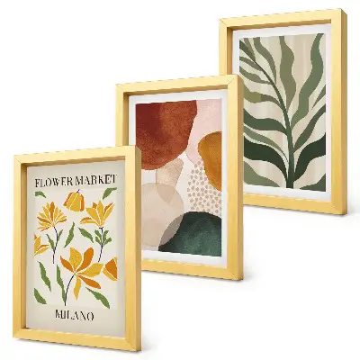 Billedvæg med blomstermotiver og abstrakte former samt blade
