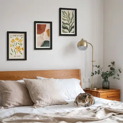 Billedvæg med blomstermotiver og abstrakte former samt blade