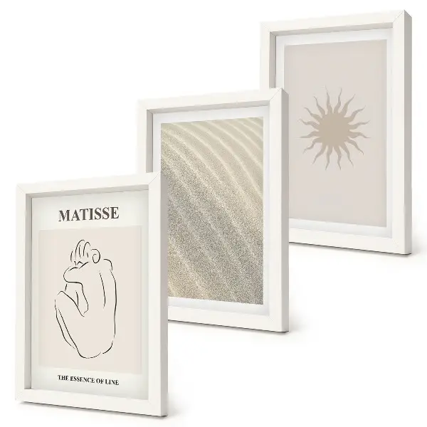 Billedvæg med minimalistiske linjer i sandfarvede nuancer af bølger og sol