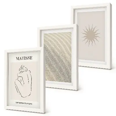 Billedvæg med minimalistiske linjer i sandfarvede nuancer af bølger og sol