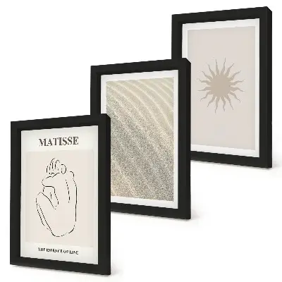 Billedvæg med minimalistiske linjer i sandfarvede nuancer af bølger og sol