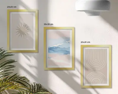 Billedvæg med sol, bølger og abstrakte linjer i pastelfarver