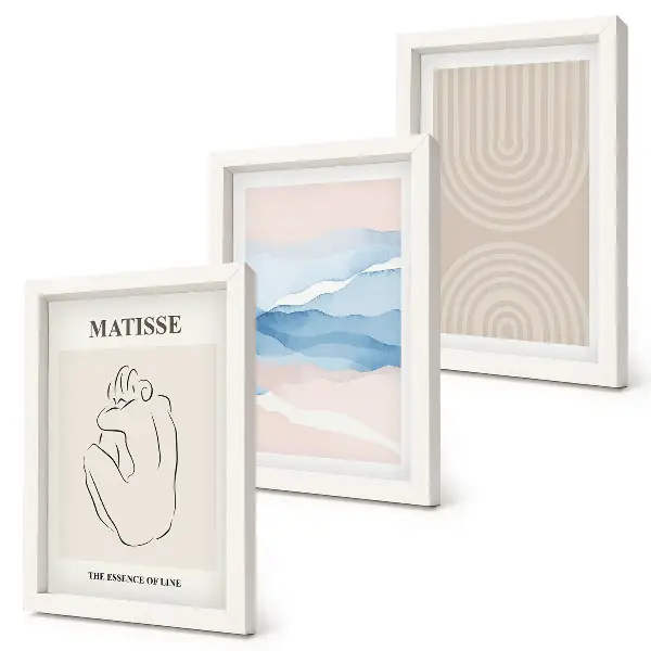 Moderne billedsæt med linjer og bølger i minimalistiske pastelfarver