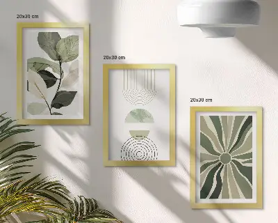 Billedvæg med plantemotiver og geometriske former i grønne nuancer