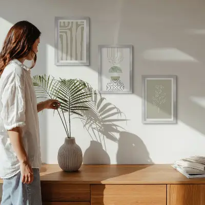 Moderne billedsæt med geometriske mønstre og planteaccenter i grønne nuancer