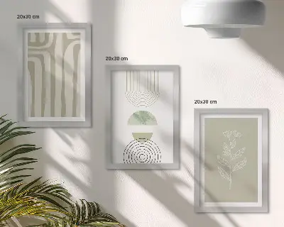 Moderne billedsæt med geometriske mønstre og planteaccenter i grønne nuancer