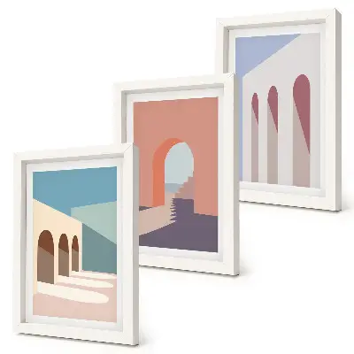 Moderne billedsæt med minimalistisk grafik af pastelbyarkitektur