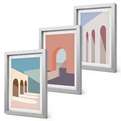 Moderne billedsæt med minimalistisk grafik af pastelbyarkitektur