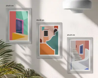 Billedvæg med farverige illustrationer af moderne bygninger
