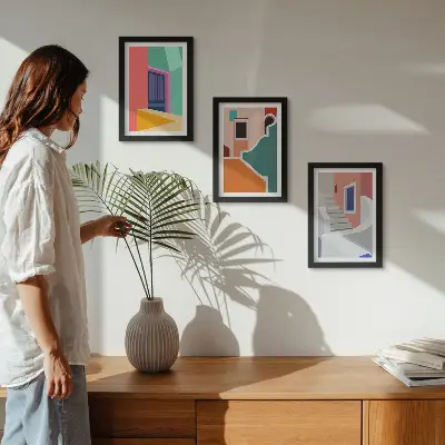 Billedvæg med farverige illustrationer af moderne bygninger