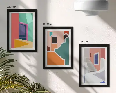 Billedvæg med farverige illustrationer af moderne bygninger