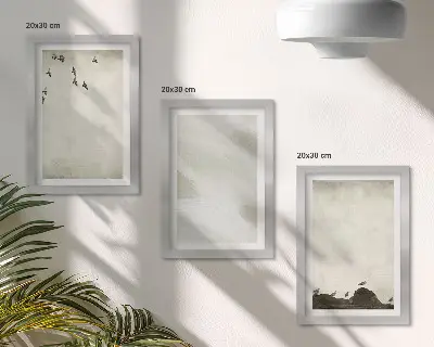 Pakke med billeder og rammer med motiver af fugle, sten og minimalistiske penselstrøg