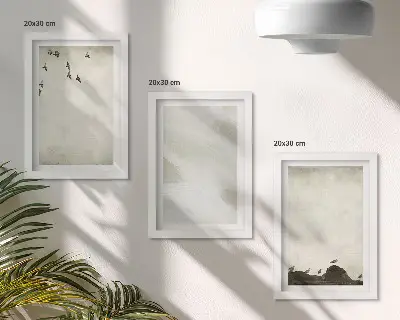 Pakke med billeder og rammer med motiver af fugle, sten og minimalistiske penselstrøg