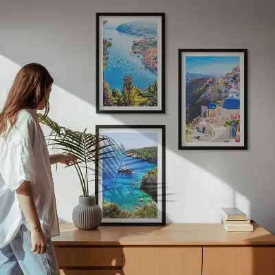 Billedsæt til soveværelset med motiv af græsk udsigt over Santorini Oia