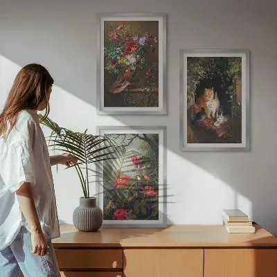 Billedvæg med vintage blomster og katte i naturtema
