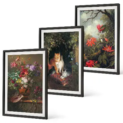 Billedvæg med vintage blomster og katte i naturtema