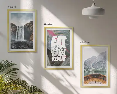 Triptykon billeder med ramme med motiv af vandfald, bjerge, natur og båd
