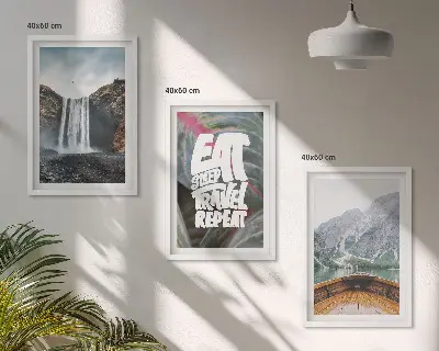 Triptykon billeder med ramme med motiv af vandfald, bjerge, natur og båd