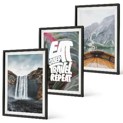 Triptykon billeder med ramme med motiv af vandfald, bjerge, natur og båd