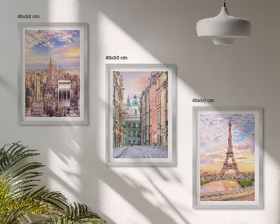Triptykon billeder med ramme Byer New York Paris tusmørke