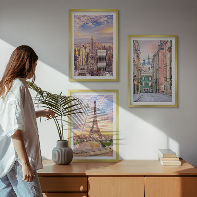 Triptykon billeder med ramme Byer New York Paris tusmørke
