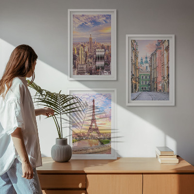 Triptykon billeder med ramme Byer New York Paris tusmørke