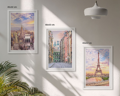 Triptykon billeder med ramme Byer New York Paris tusmørke