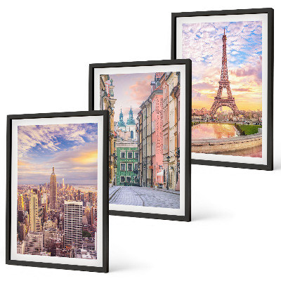 Triptykon billeder med ramme Byer New York Paris tusmørke