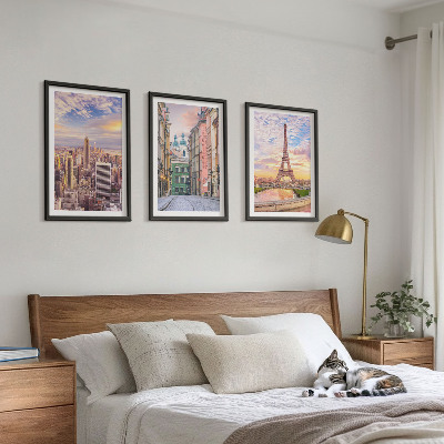 Triptykon billeder med ramme Byer New York Paris tusmørke
