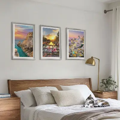 Billedsæt til soveværelset med motiv af havudsigt ved solnedgang
