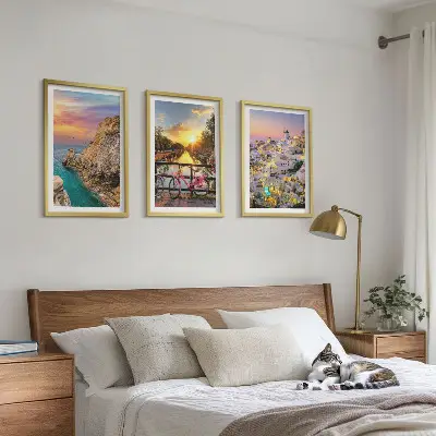 Billedsæt til soveværelset med motiv af havudsigt ved solnedgang