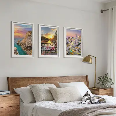Billedsæt til soveværelset med motiv af havudsigt ved solnedgang