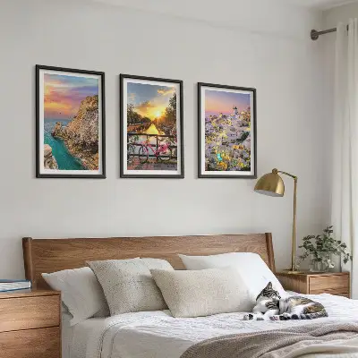 Billedsæt til soveværelset med motiv af havudsigt ved solnedgang