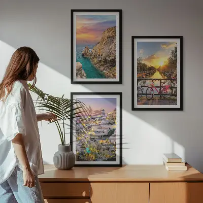 Billedsæt til soveværelset med motiv af havudsigt ved solnedgang