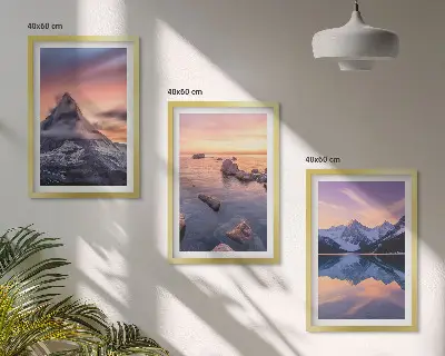Billedsæt til soveværelset med motiv af bjerglandskab ved sø i vest