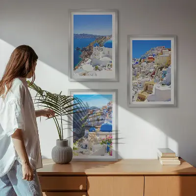 Landskabsbillede af Oia på Santorini triptykon med ramme