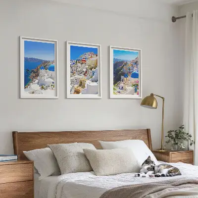 Landskabsbillede af Oia på Santorini triptykon med ramme