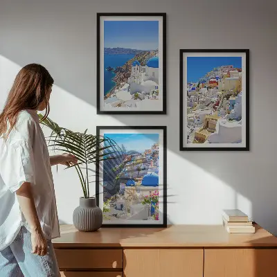 Landskabsbillede af Oia på Santorini triptykon med ramme